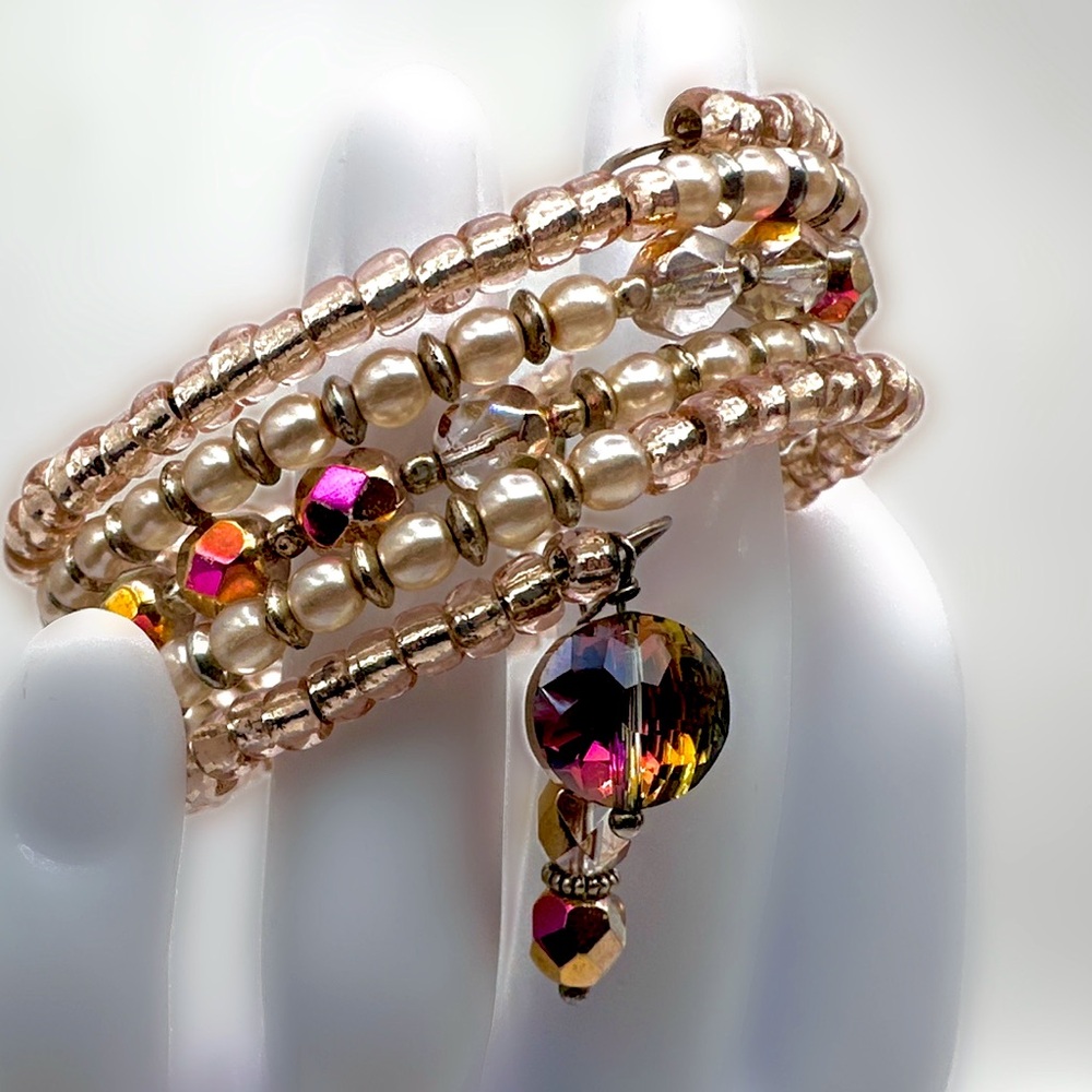 Beaded memory wire wrap bracelet, crystal coil bracelet, beaded cuff bracelet
